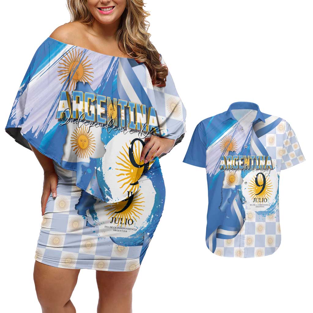 Argentina Independence Day Couples Matching Off Shoulder Short Dress and Hawaiian Shirt - Día de la Independencia Brush and Grunge Style