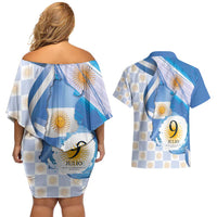 Argentina Independence Day Couples Matching Off Shoulder Short Dress and Hawaiian Shirt - Día de la Independencia Brush and Grunge Style