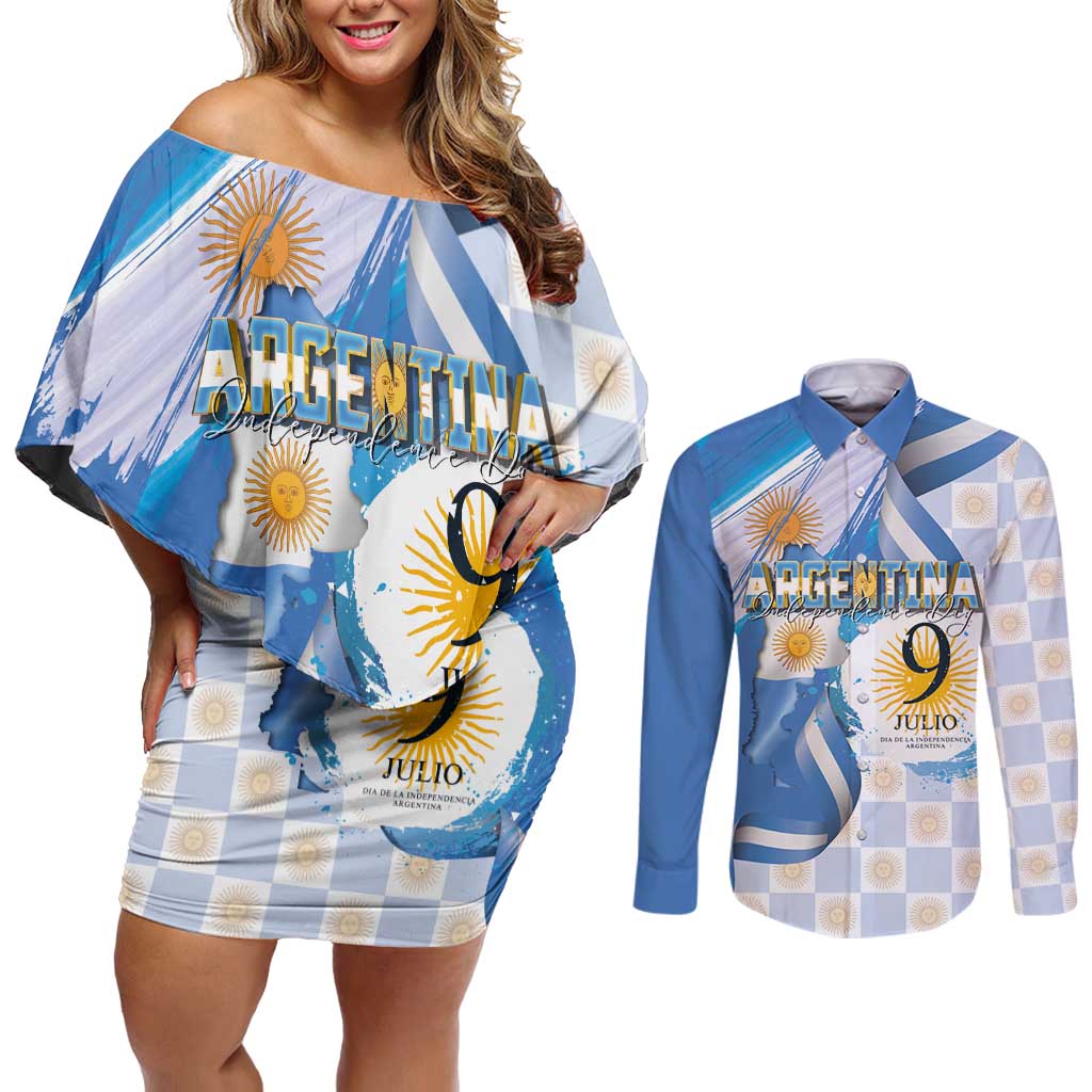 Argentina Independence Day Couples Matching Off Shoulder Short Dress and Long Sleeve Button Shirt - Día de la Independencia Brush and Grunge Style