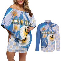 Argentina Independence Day Couples Matching Off Shoulder Short Dress and Long Sleeve Button Shirt - Día de la Independencia Brush and Grunge Style