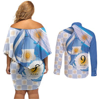 Argentina Independence Day Couples Matching Off Shoulder Short Dress and Long Sleeve Button Shirt - Día de la Independencia Brush and Grunge Style