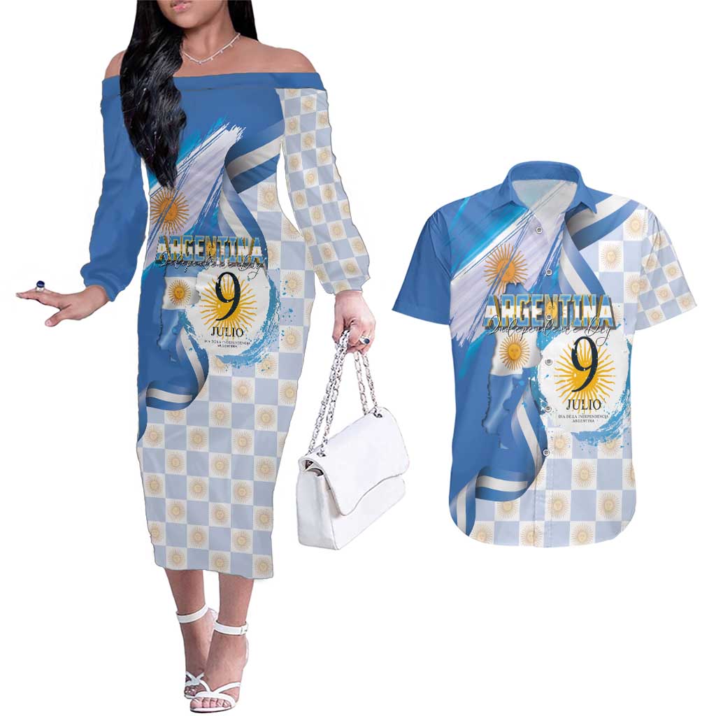 Argentina Independence Day Couples Matching Off The Shoulder Long Sleeve Dress and Hawaiian Shirt - Día de la Independencia Brush and Grunge Style