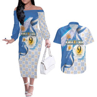 Argentina Independence Day Couples Matching Off The Shoulder Long Sleeve Dress and Hawaiian Shirt - Día de la Independencia Brush and Grunge Style