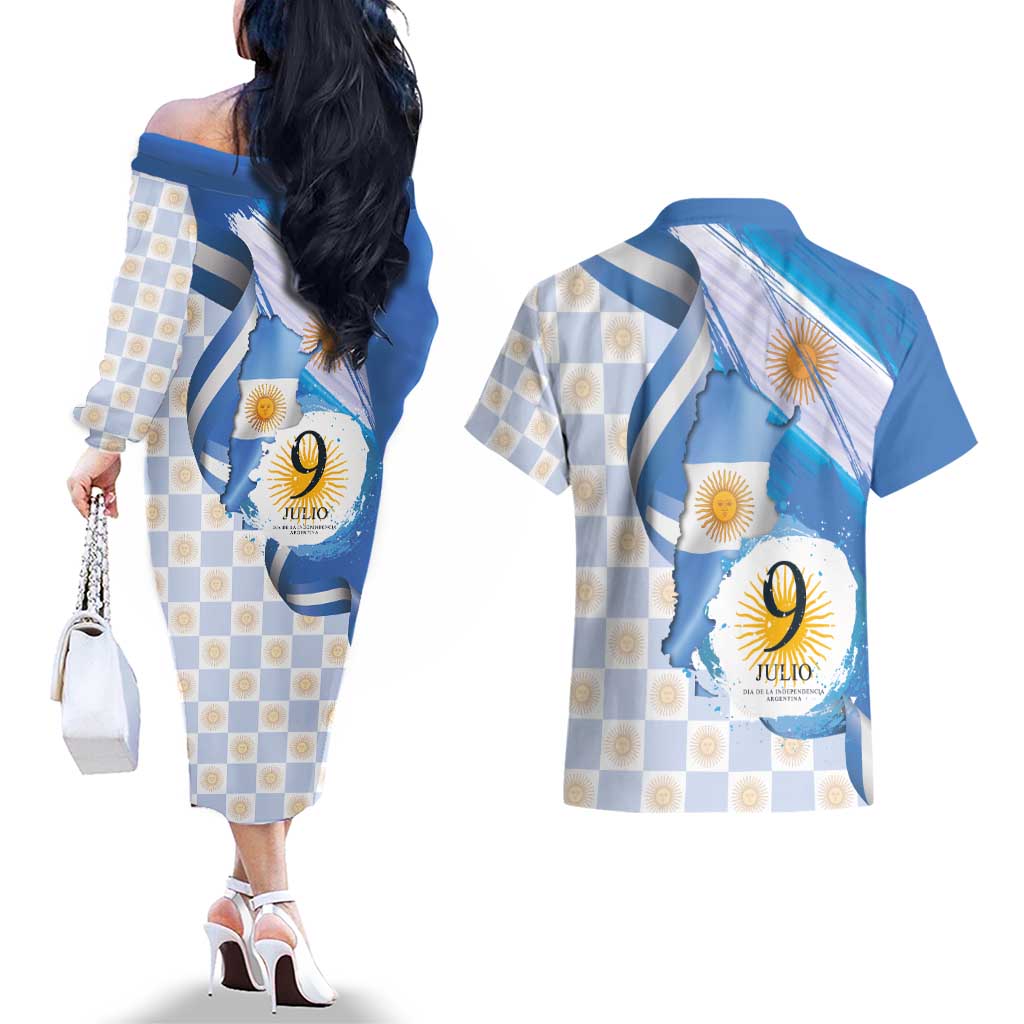 Argentina Independence Day Couples Matching Off The Shoulder Long Sleeve Dress and Hawaiian Shirt - Día de la Independencia Brush and Grunge Style