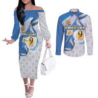 Argentina Independence Day Couples Matching Off The Shoulder Long Sleeve Dress and Long Sleeve Button Shirt - Día de la Independencia Brush and Grunge Style