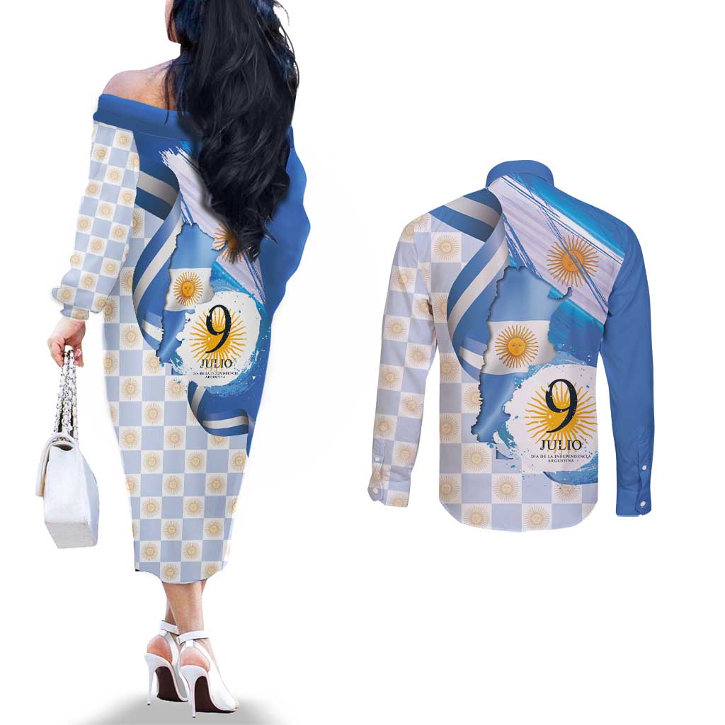 Argentina Independence Day Couples Matching Off The Shoulder Long Sleeve Dress and Long Sleeve Button Shirt - Día de la Independencia Brush and Grunge Style