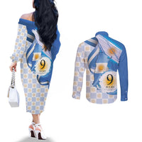 Argentina Independence Day Couples Matching Off The Shoulder Long Sleeve Dress and Long Sleeve Button Shirt - Día de la Independencia Brush and Grunge Style