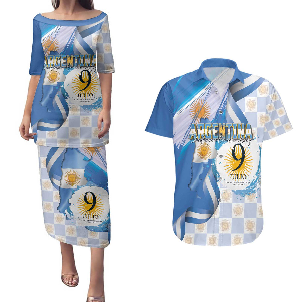 Argentina Independence Day Couples Matching Puletasi and Hawaiian Shirt - Día de la Independencia Brush and Grunge Style