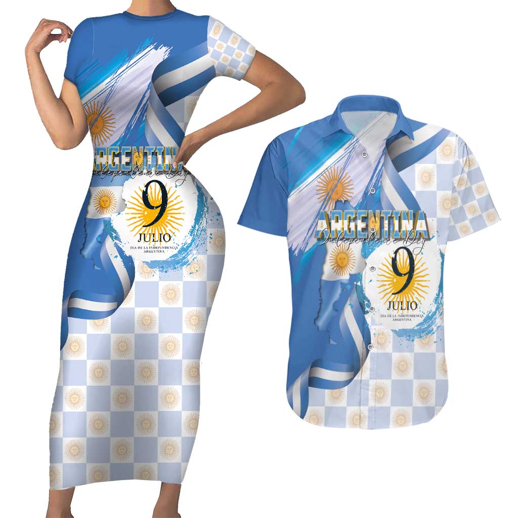 Argentina Independence Day Couples Matching Short Sleeve Bodycon Dress and Hawaiian Shirt - Día de la Independencia Brush and Grunge Style