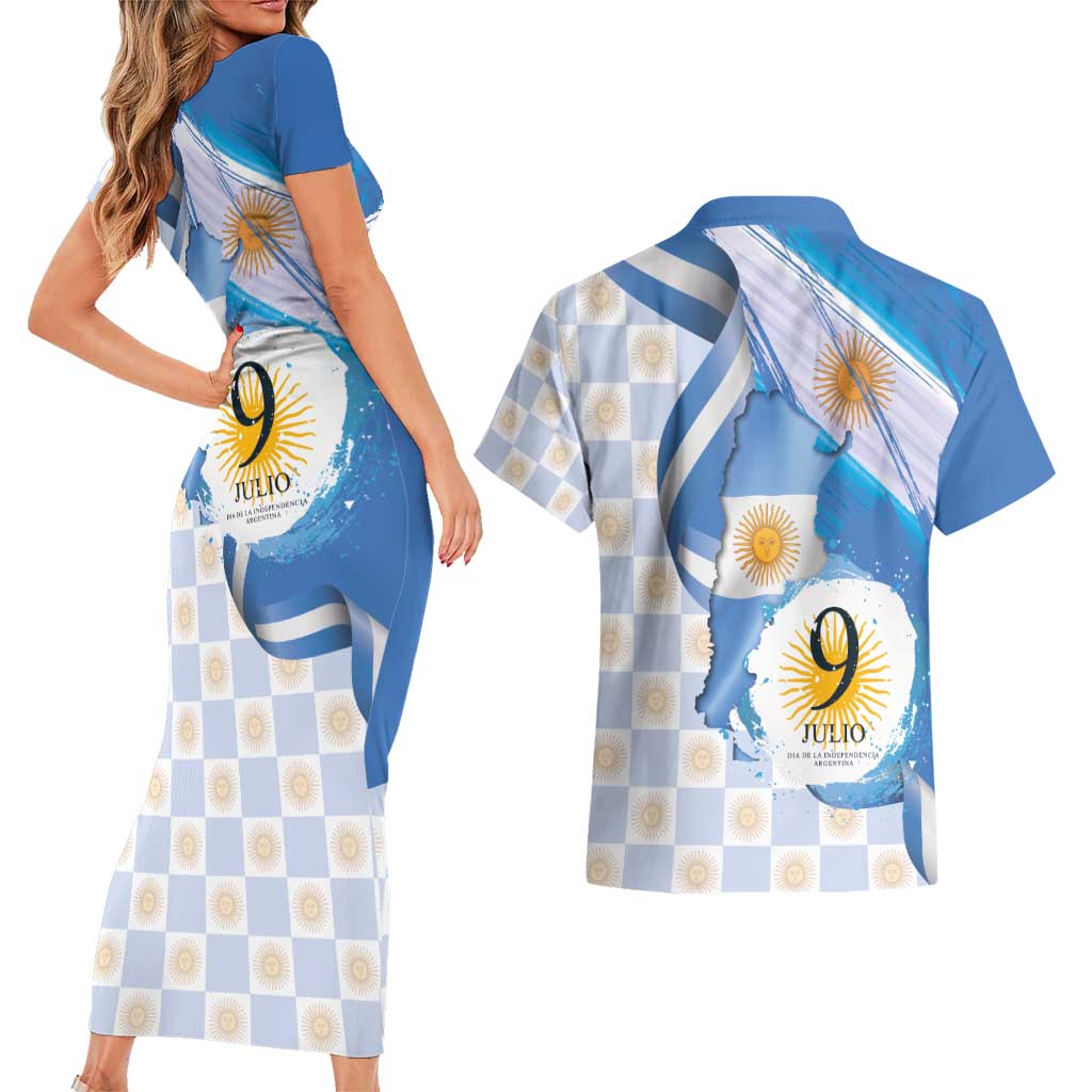 Argentina Independence Day Couples Matching Short Sleeve Bodycon Dress and Hawaiian Shirt - Día de la Independencia Brush and Grunge Style