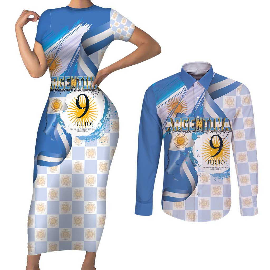 Argentina Independence Day Couples Matching Short Sleeve Bodycon Dress and Long Sleeve Button Shirt - Día de la Independencia Brush and Grunge Style