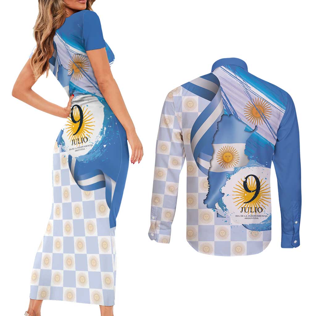 Argentina Independence Day Couples Matching Short Sleeve Bodycon Dress and Long Sleeve Button Shirt - Día de la Independencia Brush and Grunge Style