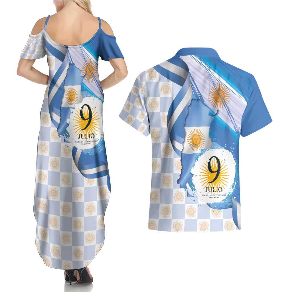 Argentina Independence Day Couples Matching Summer Maxi Dress and Hawaiian Shirt - Día de la Independencia Brush and Grunge Style