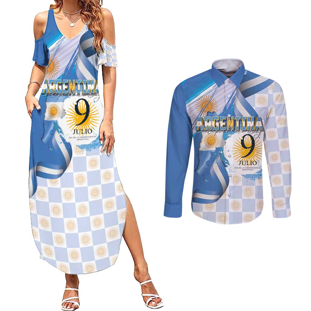 Argentina Independence Day Couples Matching Summer Maxi Dress and Long Sleeve Button Shirt - Día de la Independencia Brush and Grunge Style
