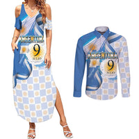 Argentina Independence Day Couples Matching Summer Maxi Dress and Long Sleeve Button Shirt - Día de la Independencia Brush and Grunge Style