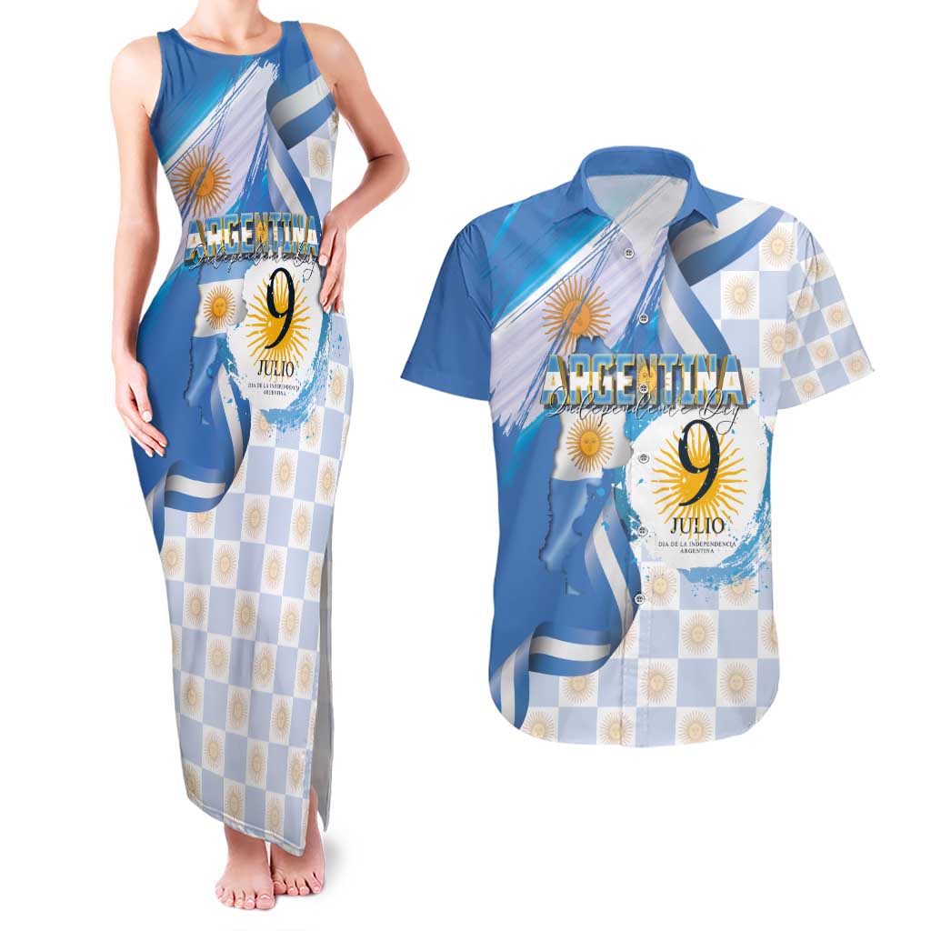 Argentina Independence Day Couples Matching Tank Maxi Dress and Hawaiian Shirt - Día de la Independencia Brush and Grunge Style