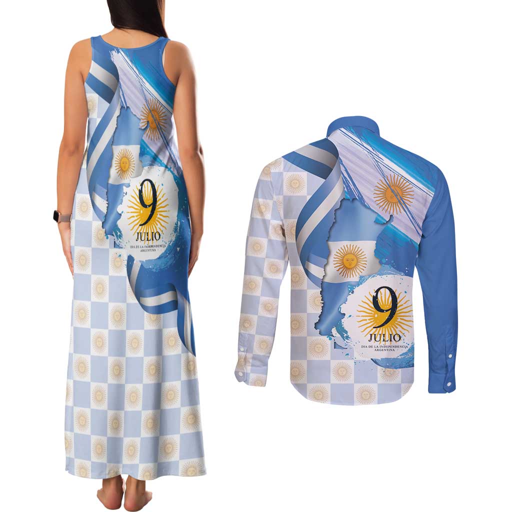 Argentina Independence Day Couples Matching Tank Maxi Dress and Long Sleeve Button Shirt - Día de la Independencia Brush and Grunge Style