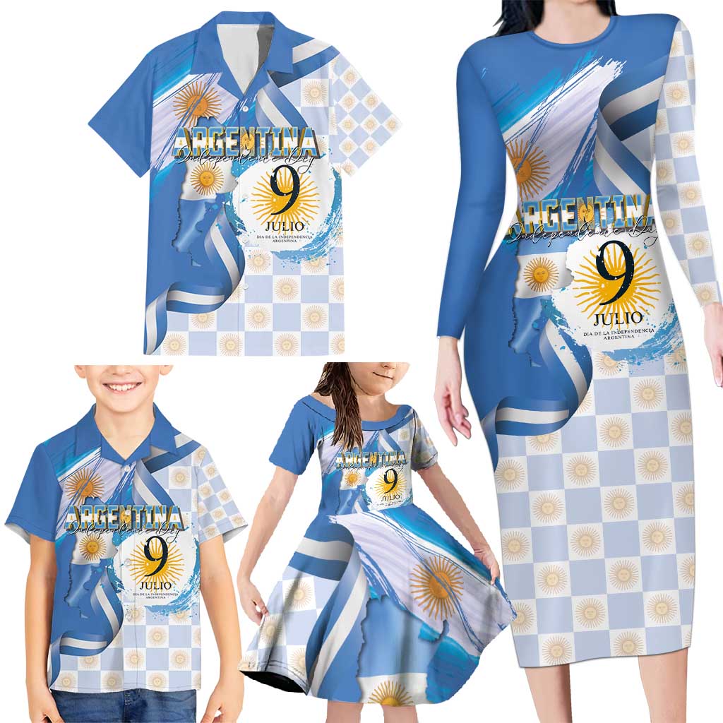 Argentina Independence Day Family Matching Long Sleeve Bodycon Dress and Hawaiian Shirt - Día de la Independencia Brush and Grunge Style