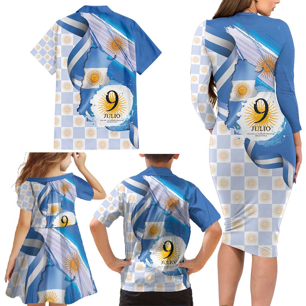 Argentina Independence Day Family Matching Long Sleeve Bodycon Dress and Hawaiian Shirt - Día de la Independencia Brush and Grunge Style