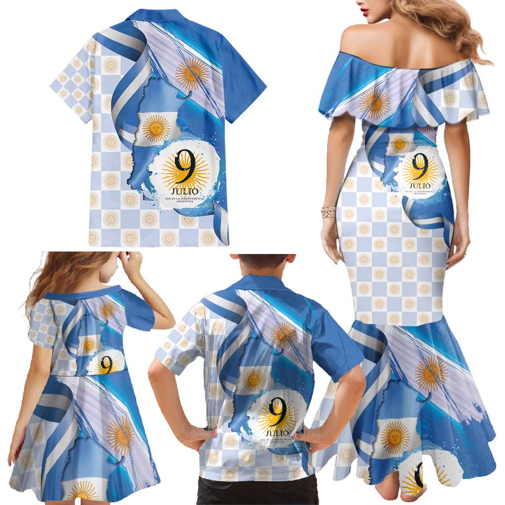 Argentina Independence Day Family Matching Mermaid Dress and Hawaiian Shirt - Día de la Independencia Brush and Grunge Style