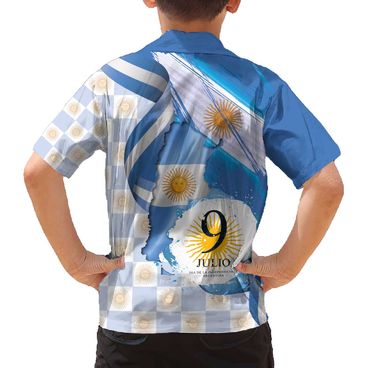 Argentina Independence Day Family Matching Off The Shoulder Long Sleeve Dress and Hawaiian Shirt - Día de la Independencia Brush and Grunge Style