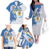 Argentina Independence Day Family Matching Off The Shoulder Long Sleeve Dress and Hawaiian Shirt - Día de la Independencia Brush and Grunge Style