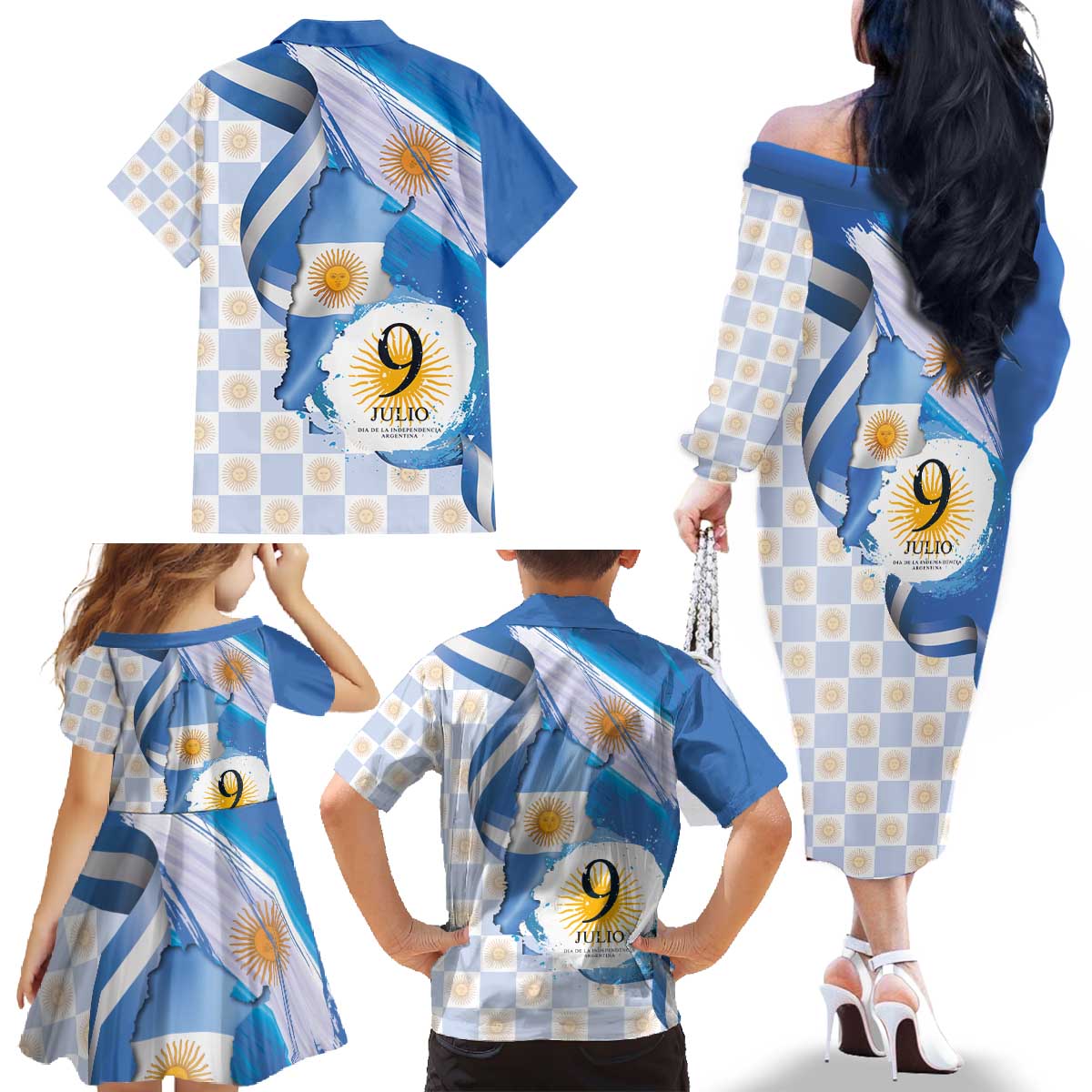Argentina Independence Day Family Matching Off The Shoulder Long Sleeve Dress and Hawaiian Shirt - Día de la Independencia Brush and Grunge Style