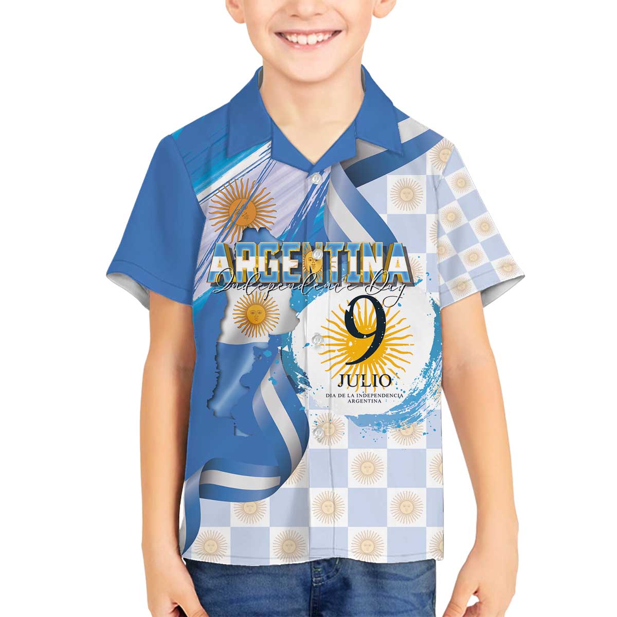 Argentina Independence Day Family Matching Off The Shoulder Long Sleeve Dress and Hawaiian Shirt - Día de la Independencia Brush and Grunge Style