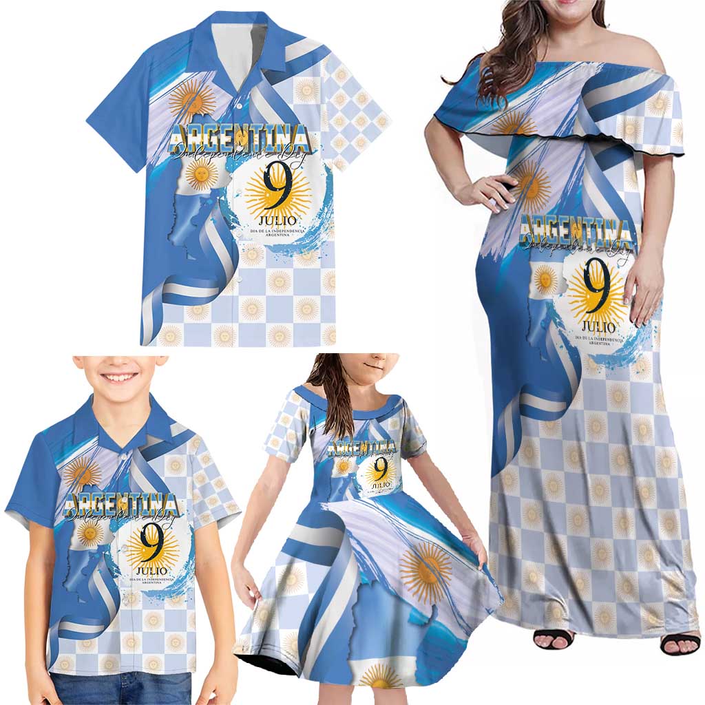 Argentina Independence Day Family Matching Off Shoulder Maxi Dress and Hawaiian Shirt - Día de la Independencia Brush and Grunge Style
