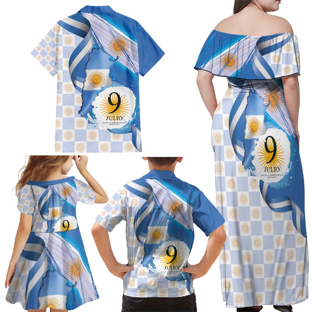Argentina Independence Day Family Matching Off Shoulder Maxi Dress and Hawaiian Shirt - Día de la Independencia Brush and Grunge Style