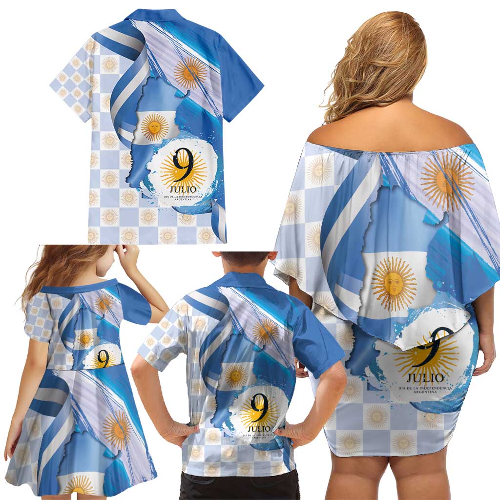 Argentina Independence Day Family Matching Off Shoulder Short Dress and Hawaiian Shirt - Día de la Independencia Brush and Grunge Style
