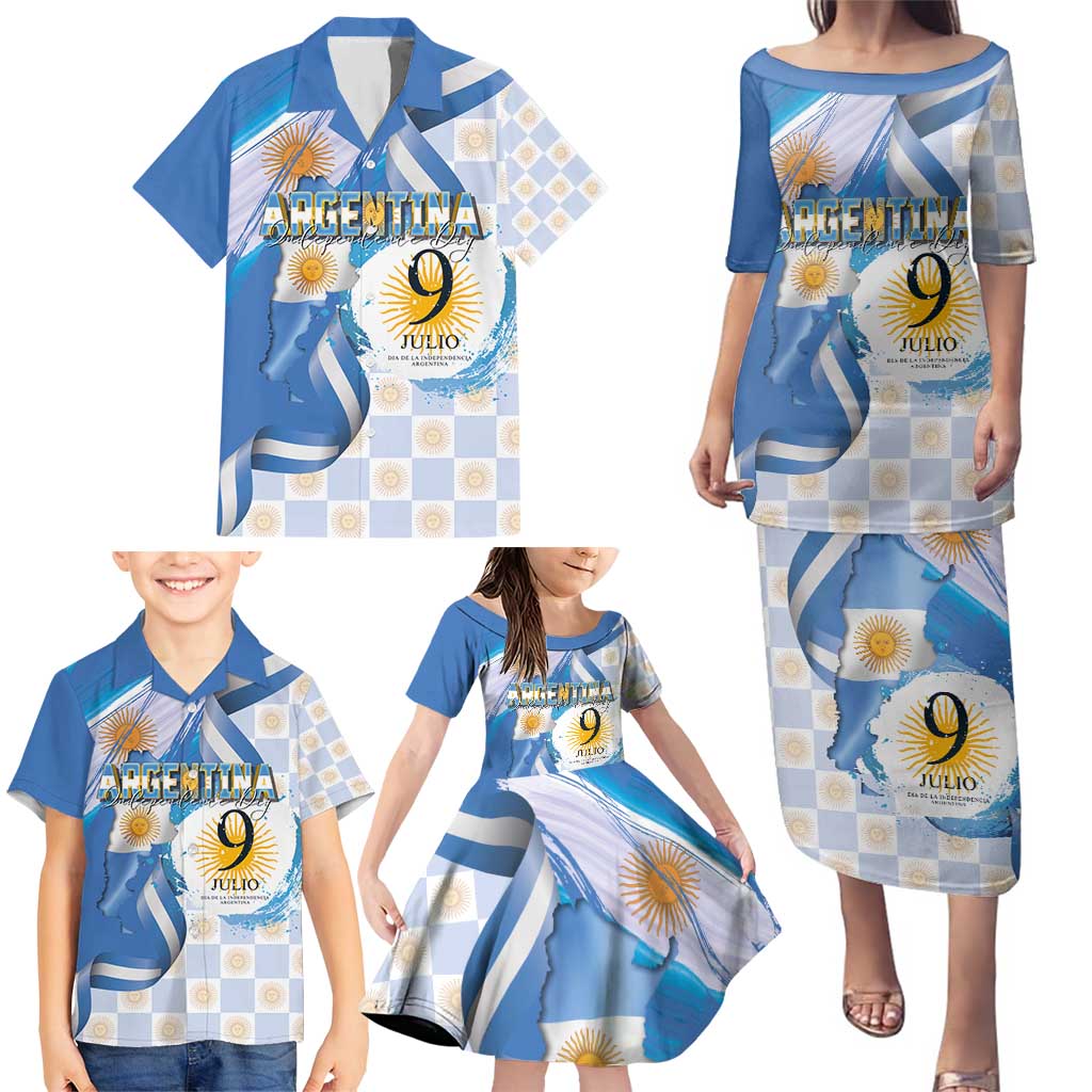 Argentina Independence Day Family Matching Puletasi and Hawaiian Shirt - Día de la Independencia Brush and Grunge Style