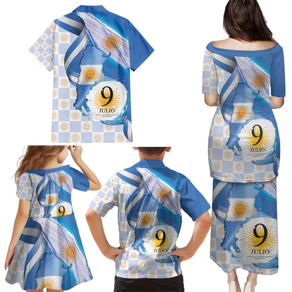 Argentina Independence Day Family Matching Puletasi and Hawaiian Shirt - Día de la Independencia Brush and Grunge Style