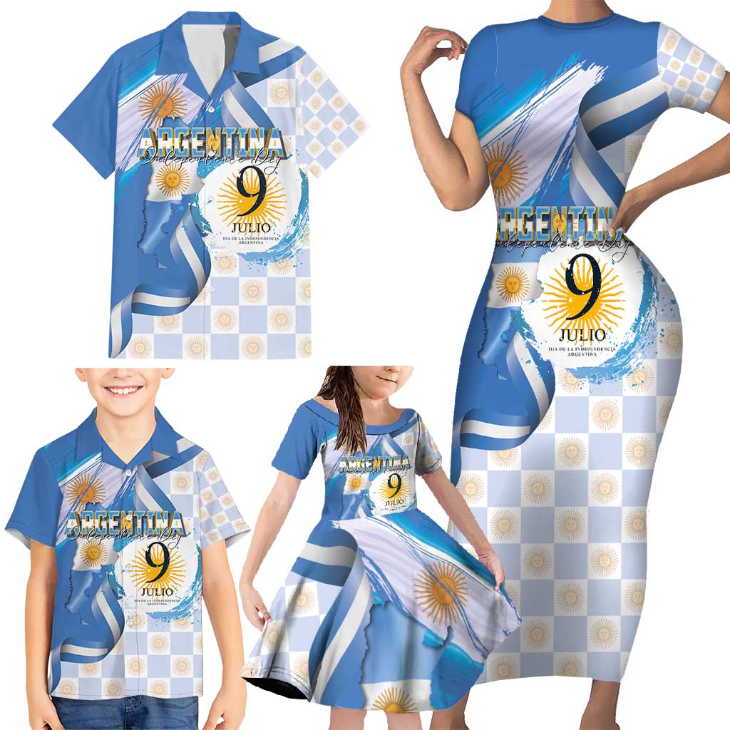 Argentina Independence Day Family Matching Short Sleeve Bodycon Dress and Hawaiian Shirt - Día de la Independencia Brush and Grunge Style