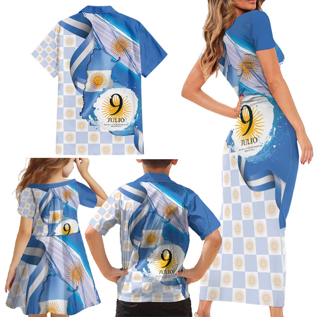 Argentina Independence Day Family Matching Short Sleeve Bodycon Dress and Hawaiian Shirt - Día de la Independencia Brush and Grunge Style