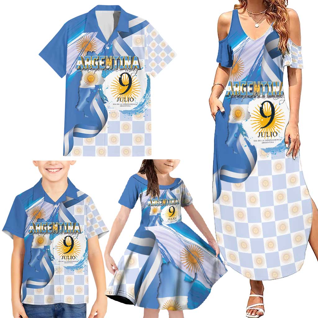 Argentina Independence Day Family Matching Summer Maxi Dress and Hawaiian Shirt - Día de la Independencia Brush and Grunge Style