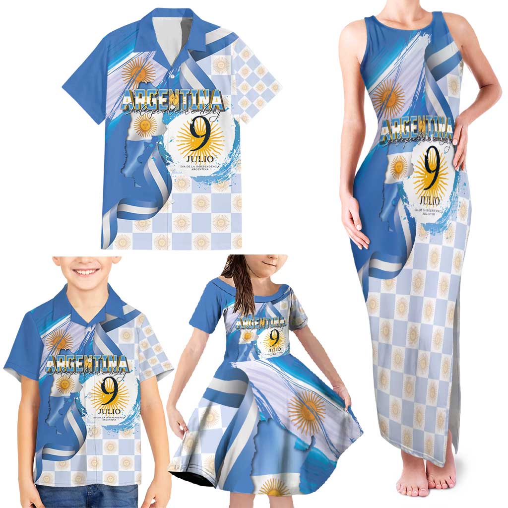 Argentina Independence Day Family Matching Tank Maxi Dress and Hawaiian Shirt - Día de la Independencia Brush and Grunge Style