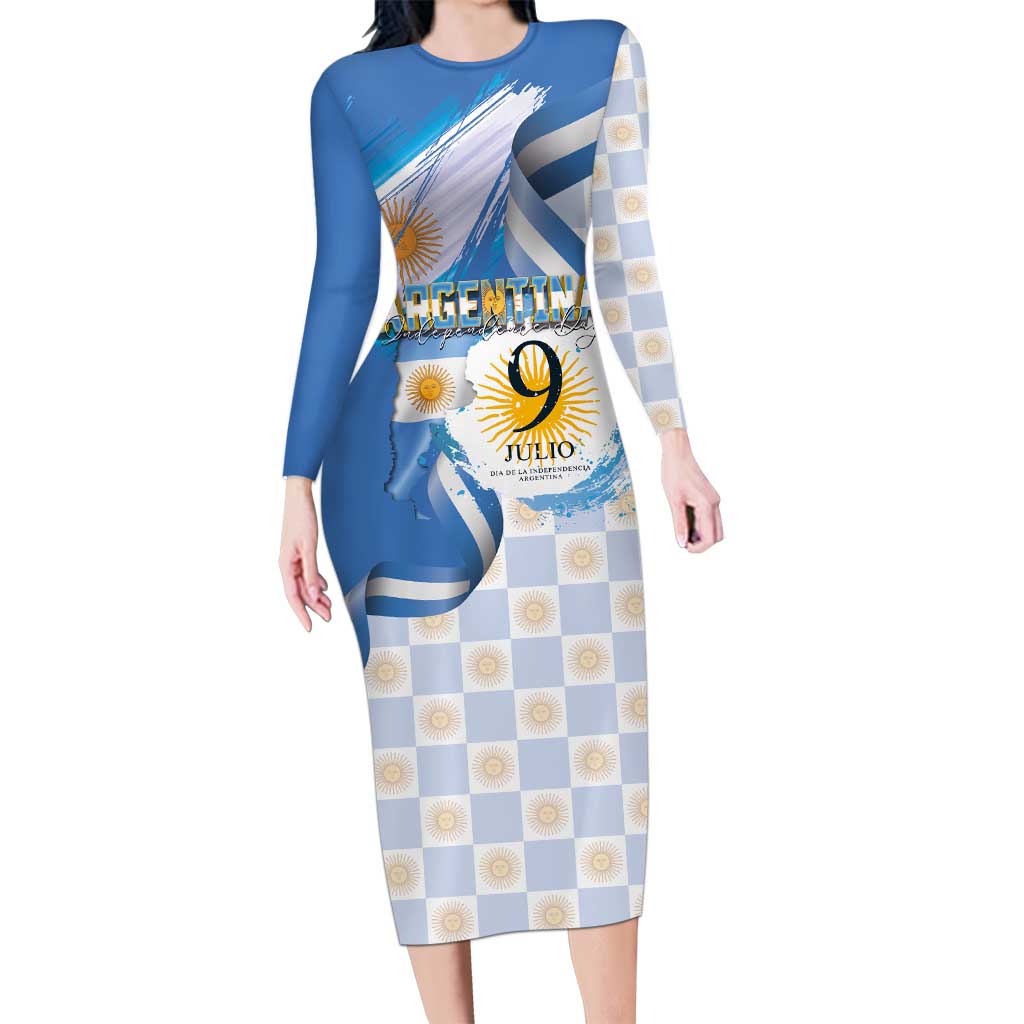 Argentina Independence Day Long Sleeve Bodycon Dress - Día de la Independencia Brush and Grunge Style