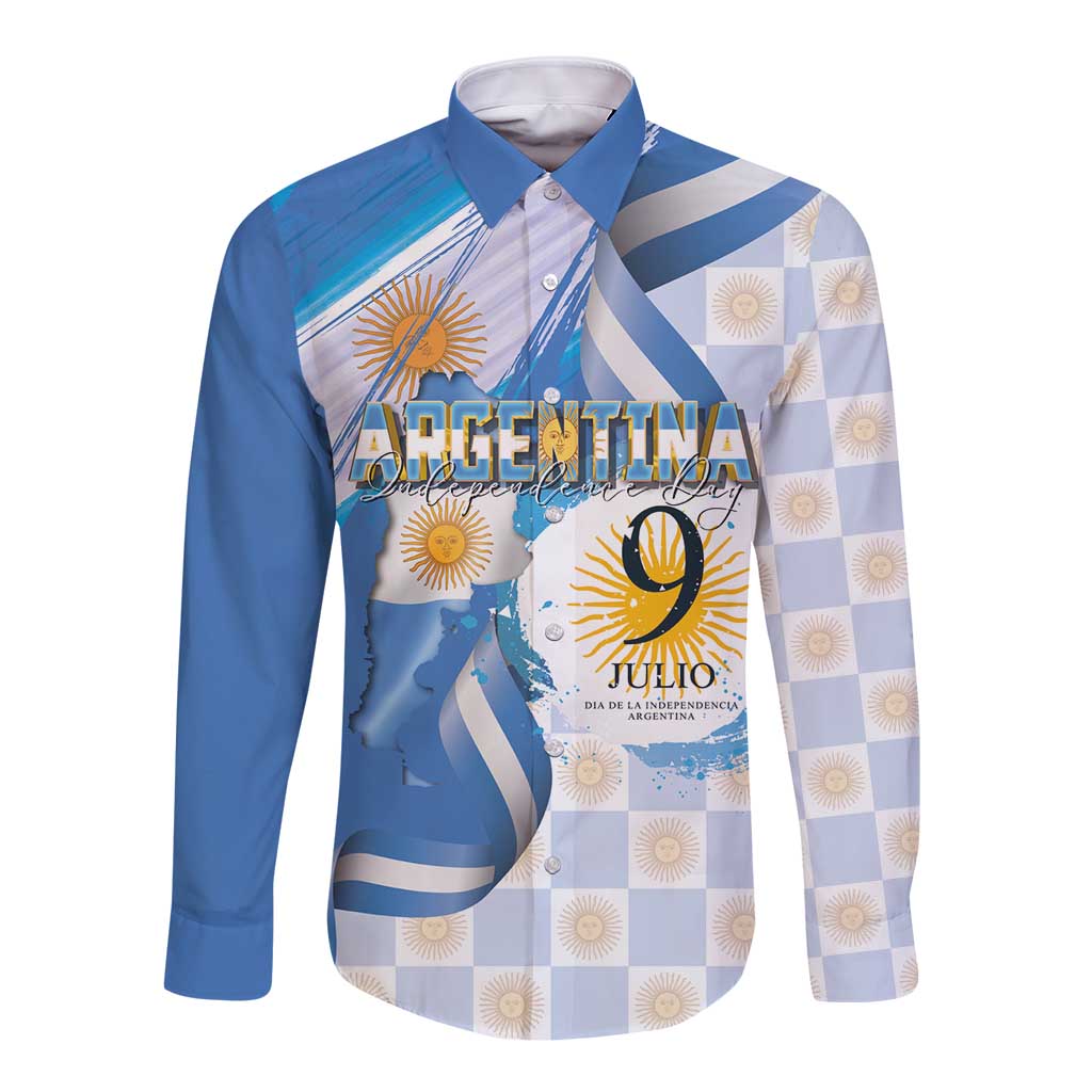 Argentina Independence Day Long Sleeve Button Shirt - Día de la Independencia Brush and Grunge Style
