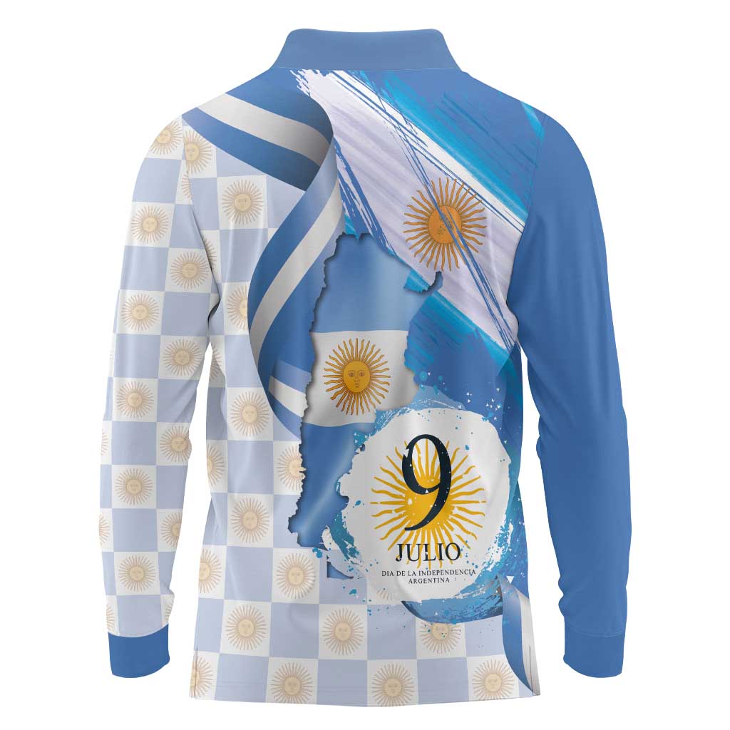 Argentina Independence Day Long Sleeve Polo Shirt - Día de la Independencia Brush and Grunge Style
