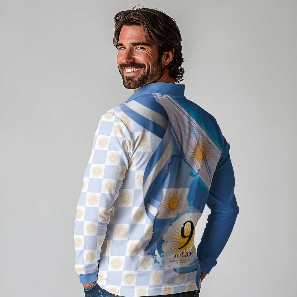 Argentina Independence Day Long Sleeve Polo Shirt - Día de la Independencia Brush and Grunge Style
