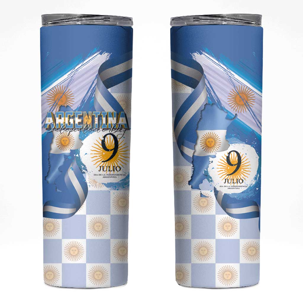 Argentina Independence Day Skinny Tumbler - Día de la Independencia Brush and Grunge Style