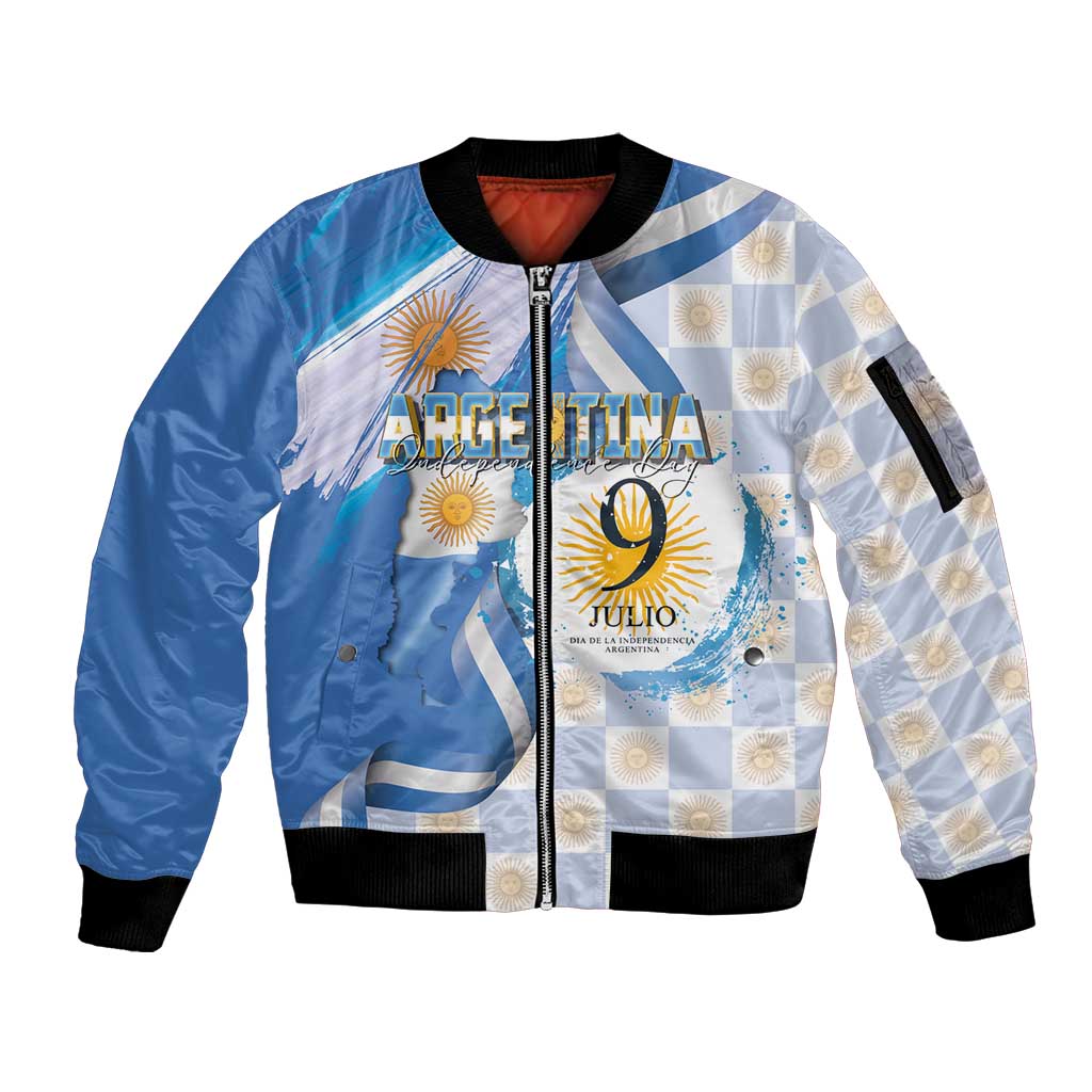 Argentina Independence Day Sleeve Zip Bomber Jacket - Día de la Independencia Brush and Grunge Style