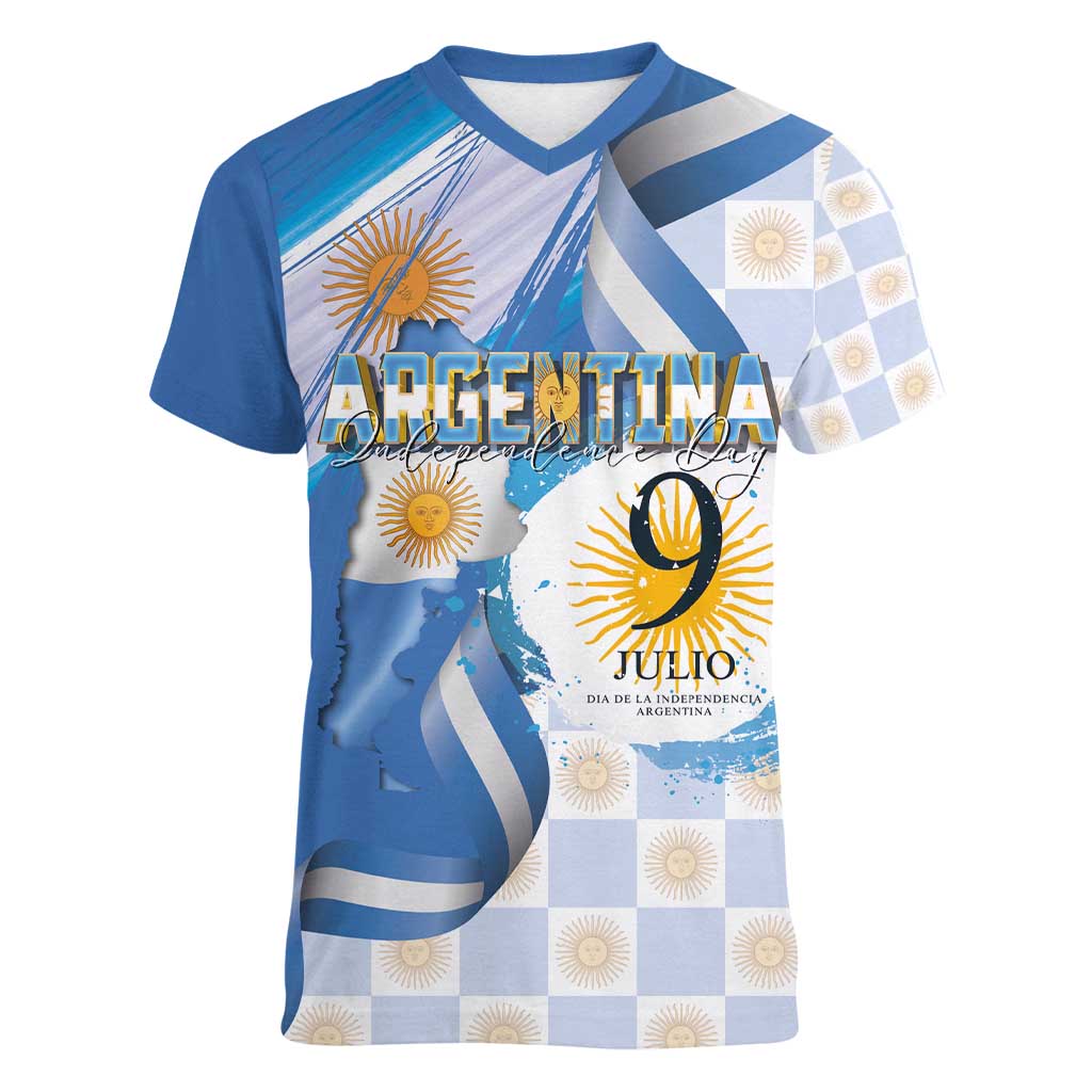 Argentina Independence Day Women V-Neck T-Shirt - Día de la Independencia Brush and Grunge Style