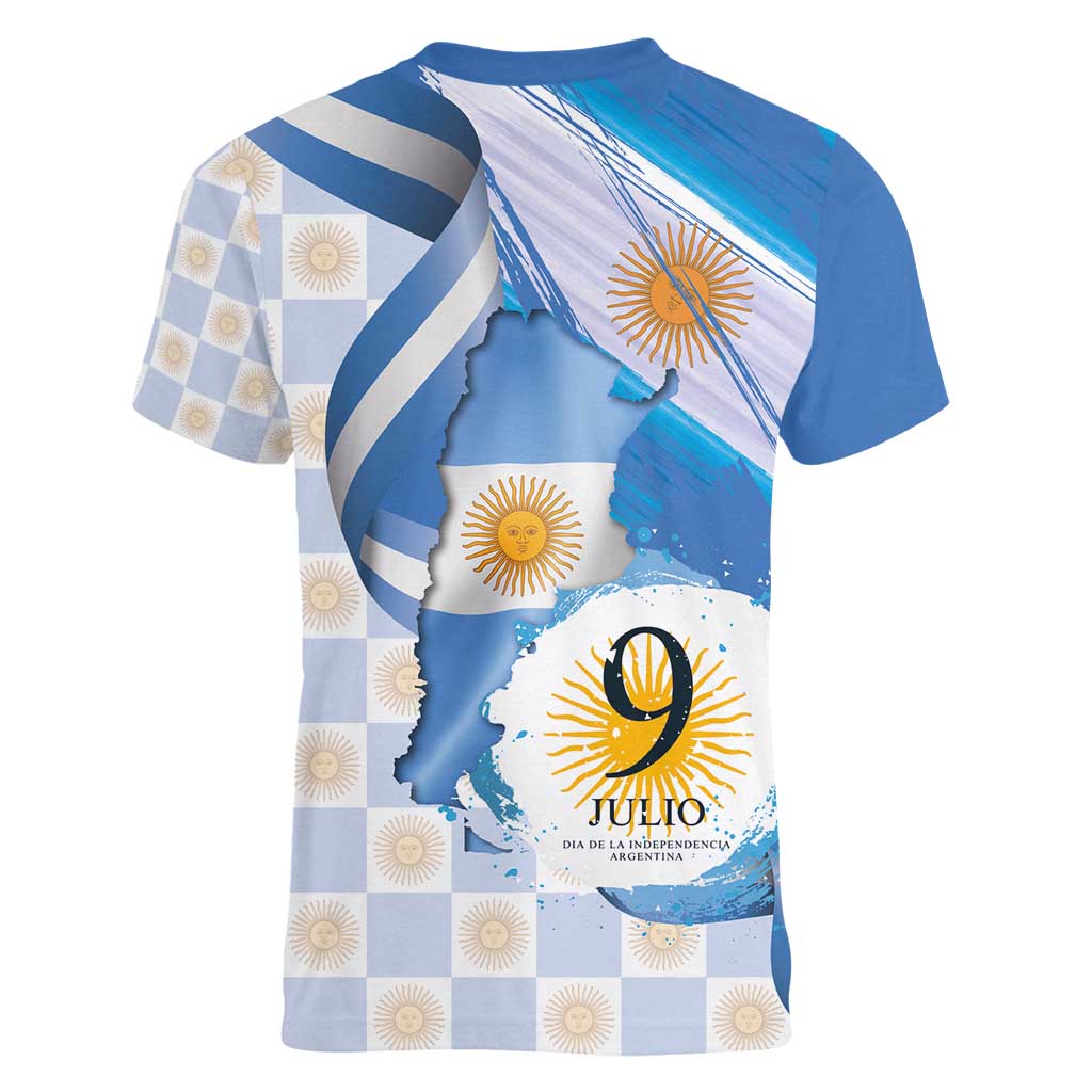 Argentina Independence Day Women V-Neck T-Shirt - Día de la Independencia Brush and Grunge Style