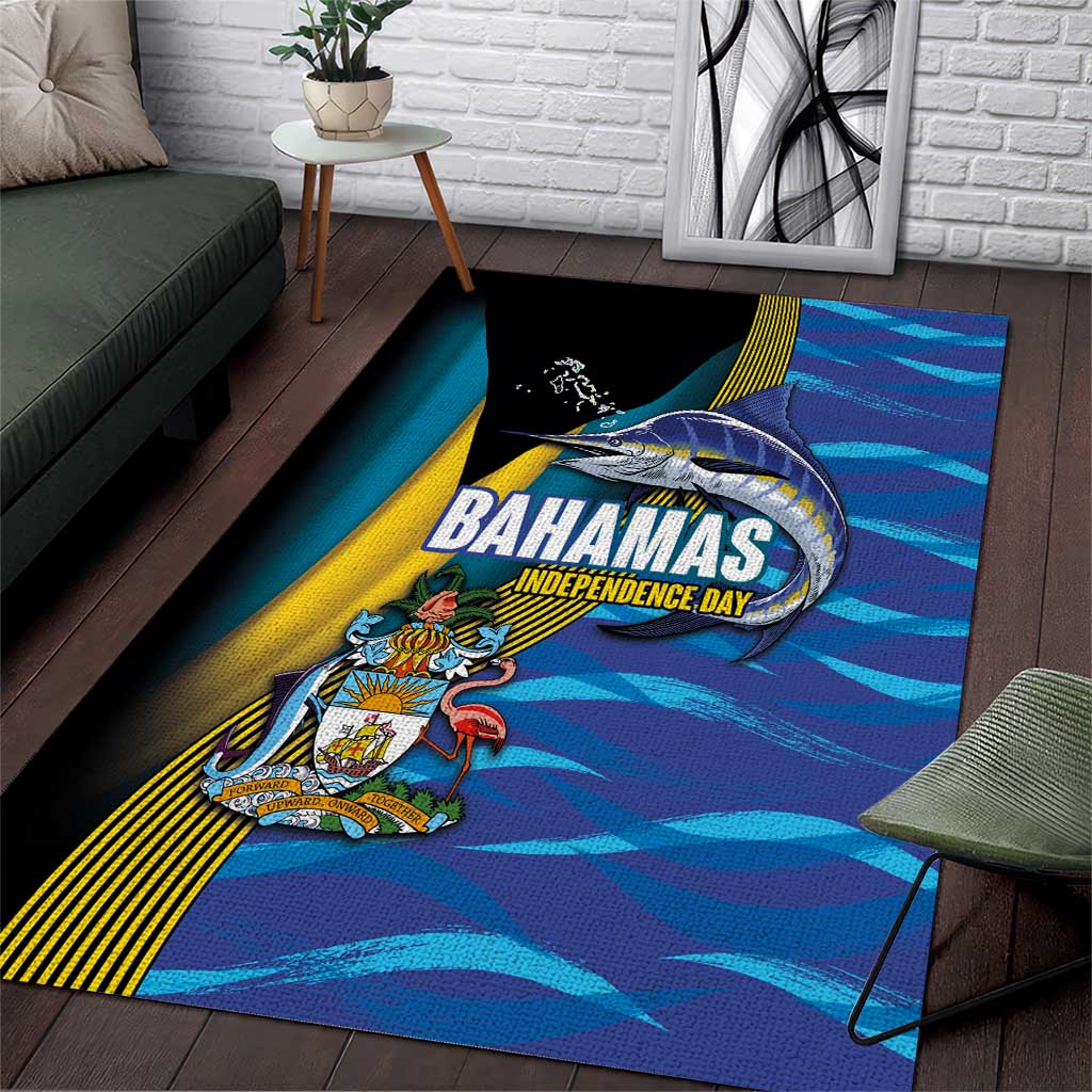Bahamas Independence Day Area Rug National Flag Style with Blue Marlin and Emblem