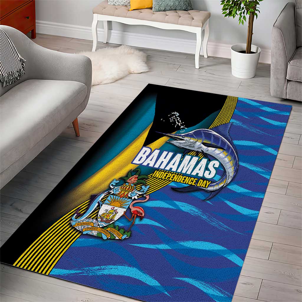 Bahamas Independence Day Area Rug National Flag Style with Blue Marlin and Emblem