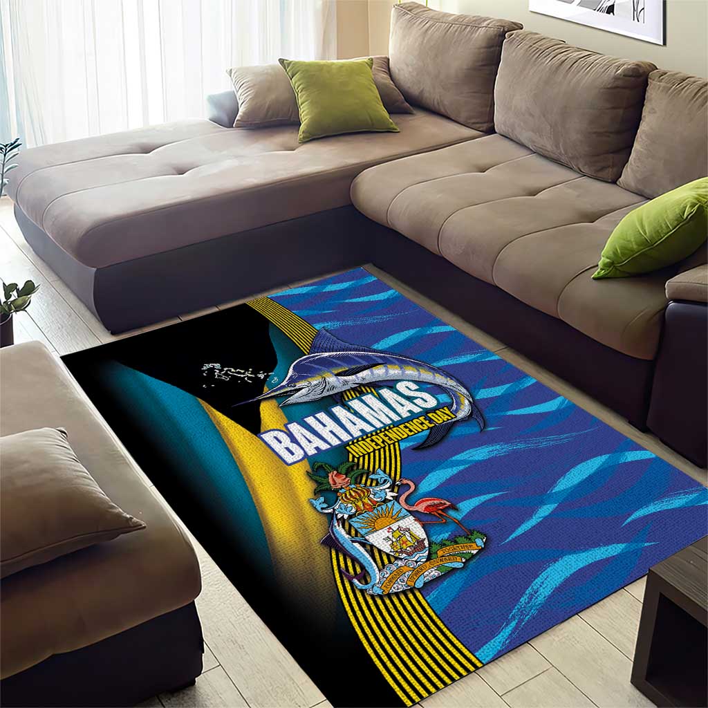 Bahamas Independence Day Area Rug National Flag Style with Blue Marlin and Emblem