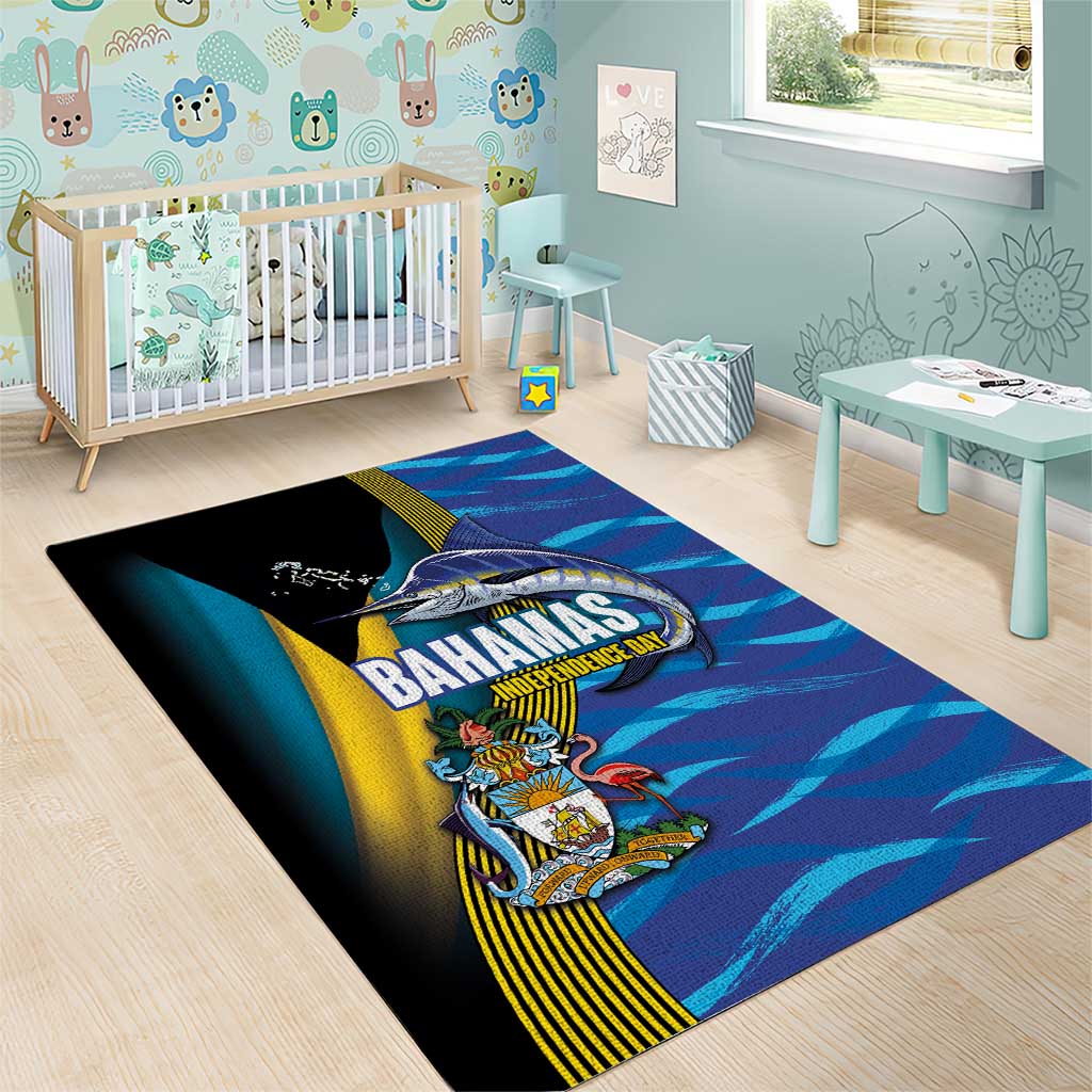 Bahamas Independence Day Area Rug National Flag Style with Blue Marlin and Emblem