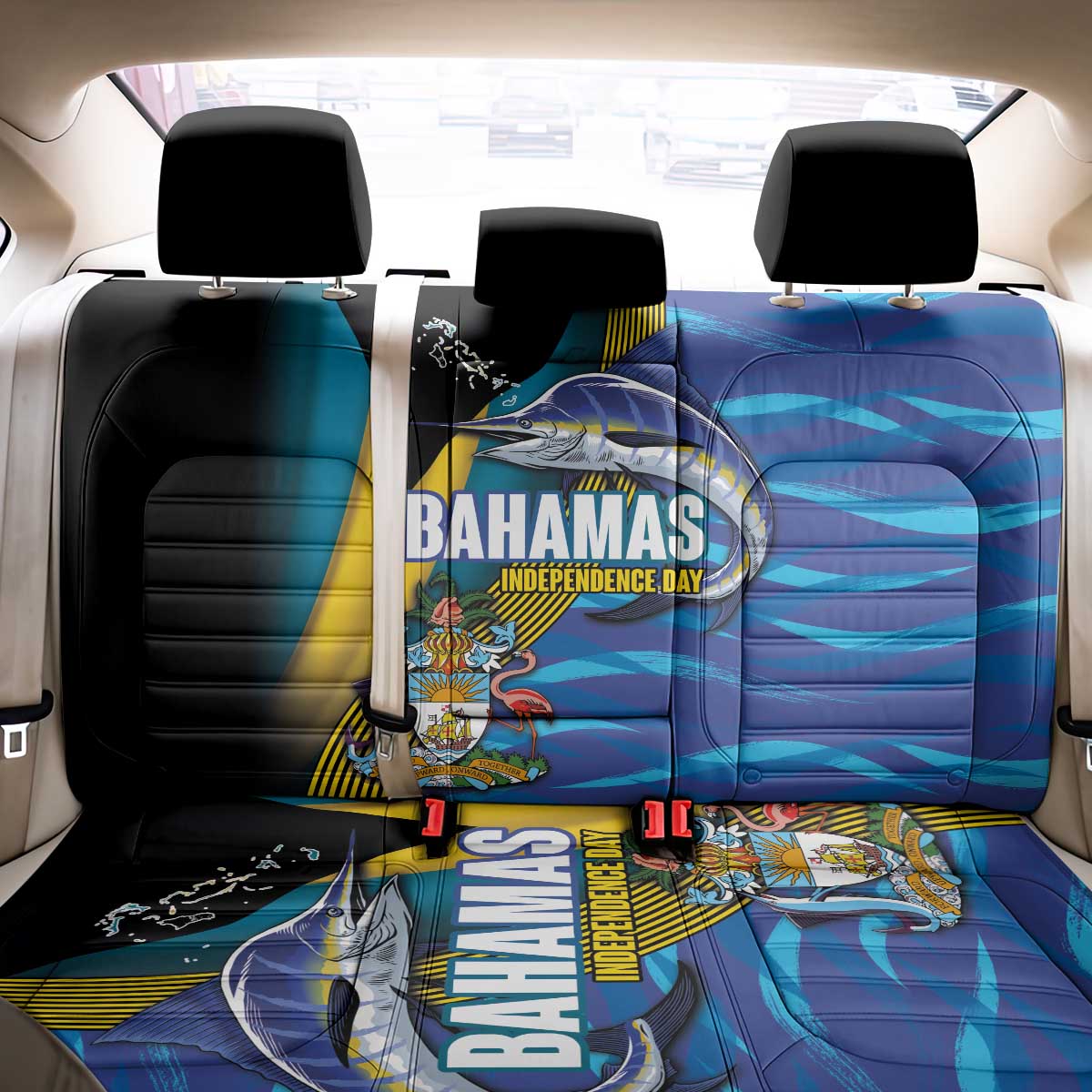 Bahamas Independence Day Back Car Seat Cover National Flag Style with Blue Marlin and Emblem